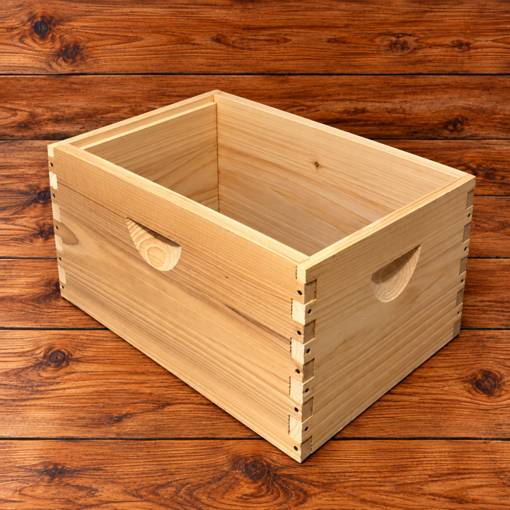 Assembled 10-frame cypress deep beehive super without frames, featuring finger-jointed corners and recessed handholds