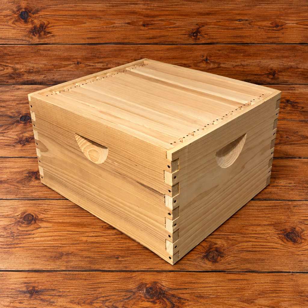 Assembled 10-frame cypress deep beehive super with wooden frames and wax coated plastic foundation, featuring durable finger-jointed construction and recessed handholds