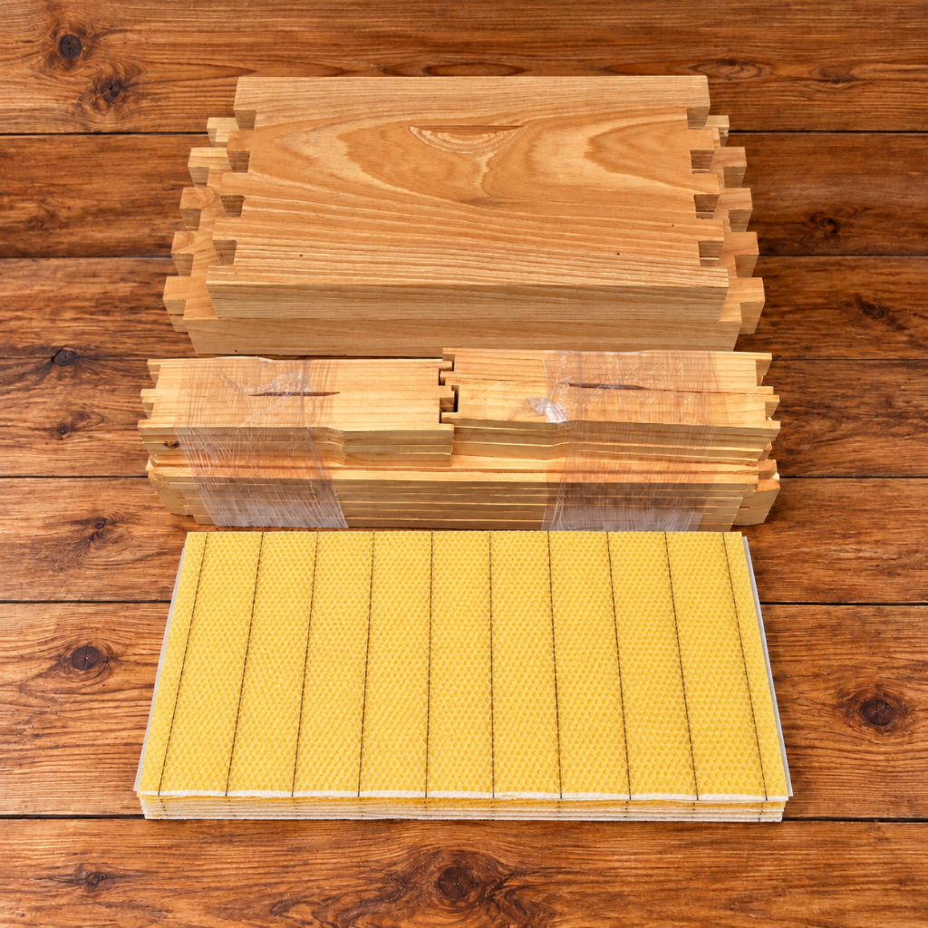 Unassembled 10-frame deep cypress beehive super kit with wooden frames and wax foundation