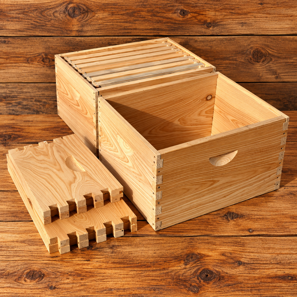 8-frame cypress deep beehive super shown assembled, unassembled, and with wood frames