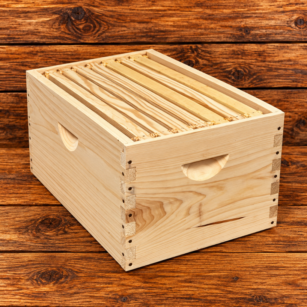 8-frame cypress deep beehive super with assembled wood frames and waxed plastic foundation