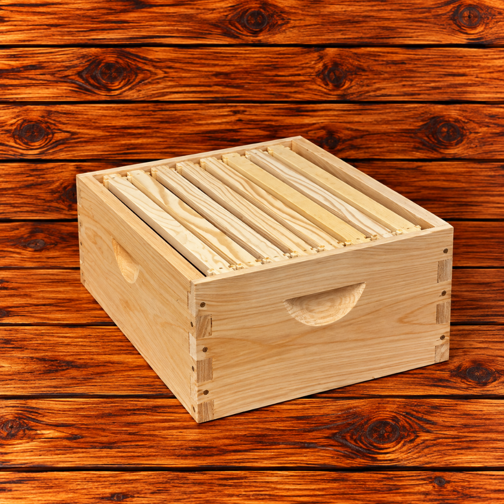 8-frame medium beehive super assembled with wood frames and waxed plastic foundation