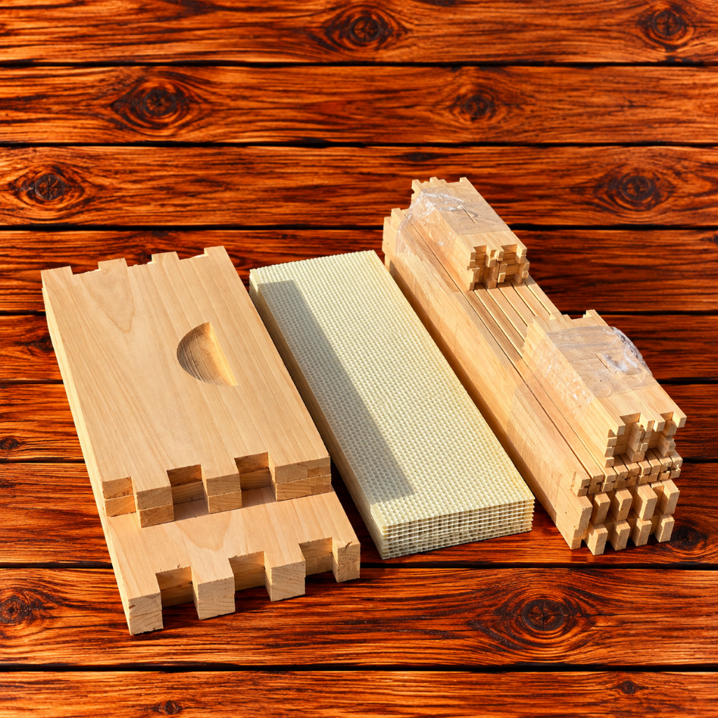 8-frame medium beehive super unassembled with wood frames and waxed plastic foundation