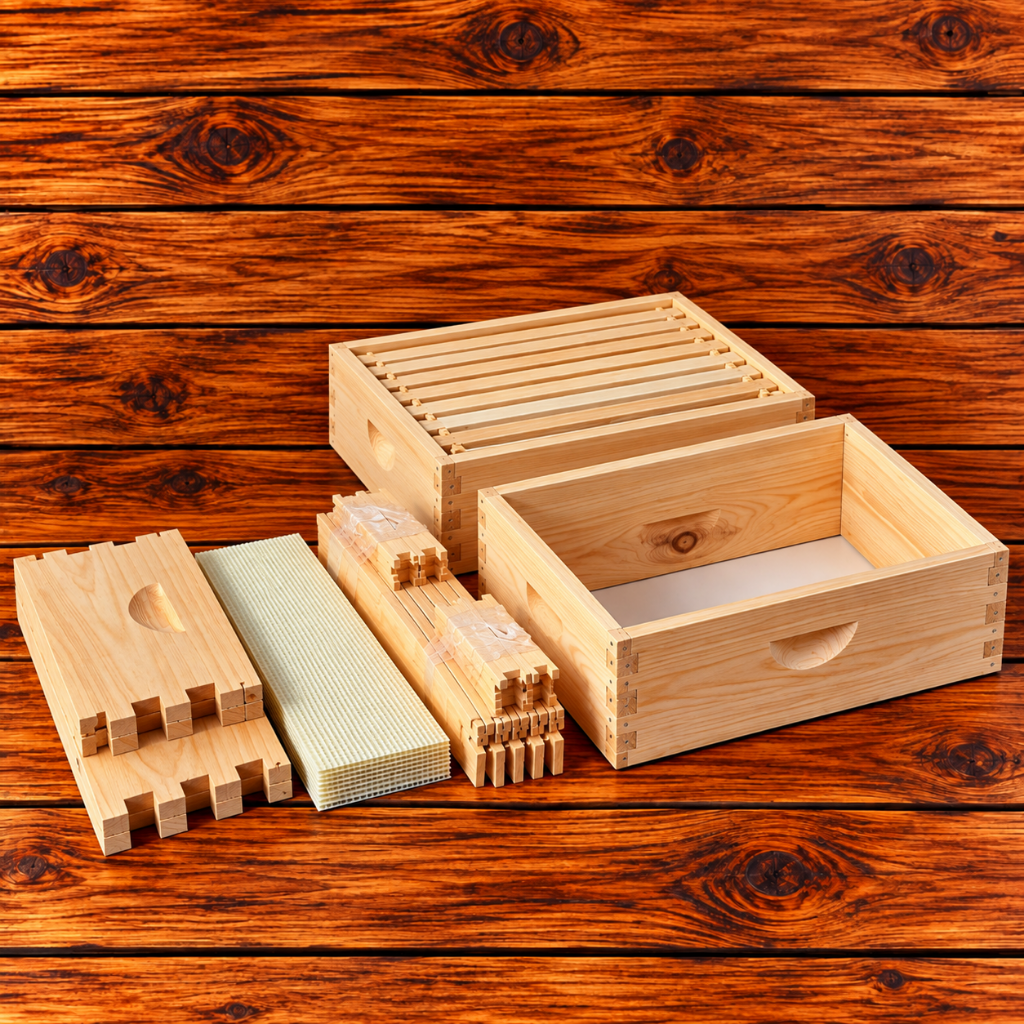 8-frame medium beehive super composite showing assembled and unassembled cypress boxes, frames, and foundation