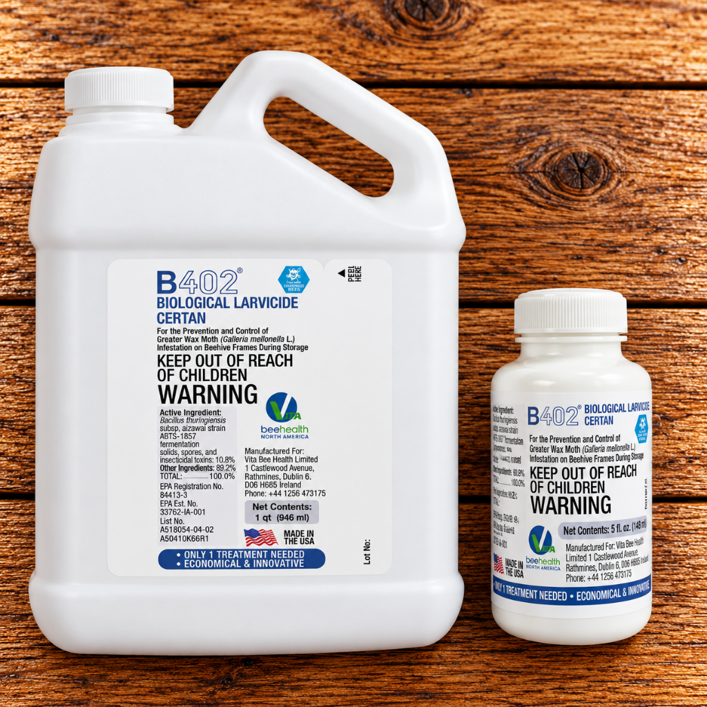 Certan B402 biological larvicide - 5 ounces and 1 quart - for protecting stored honeycomb from wax moths
