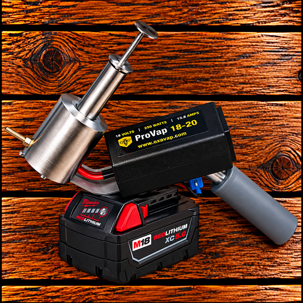 ProVap 18-20 oxalic acid vaporizer with Milwaukee 18 volt battery connection, shown with stainless steel vaporizing chamber and gray handle