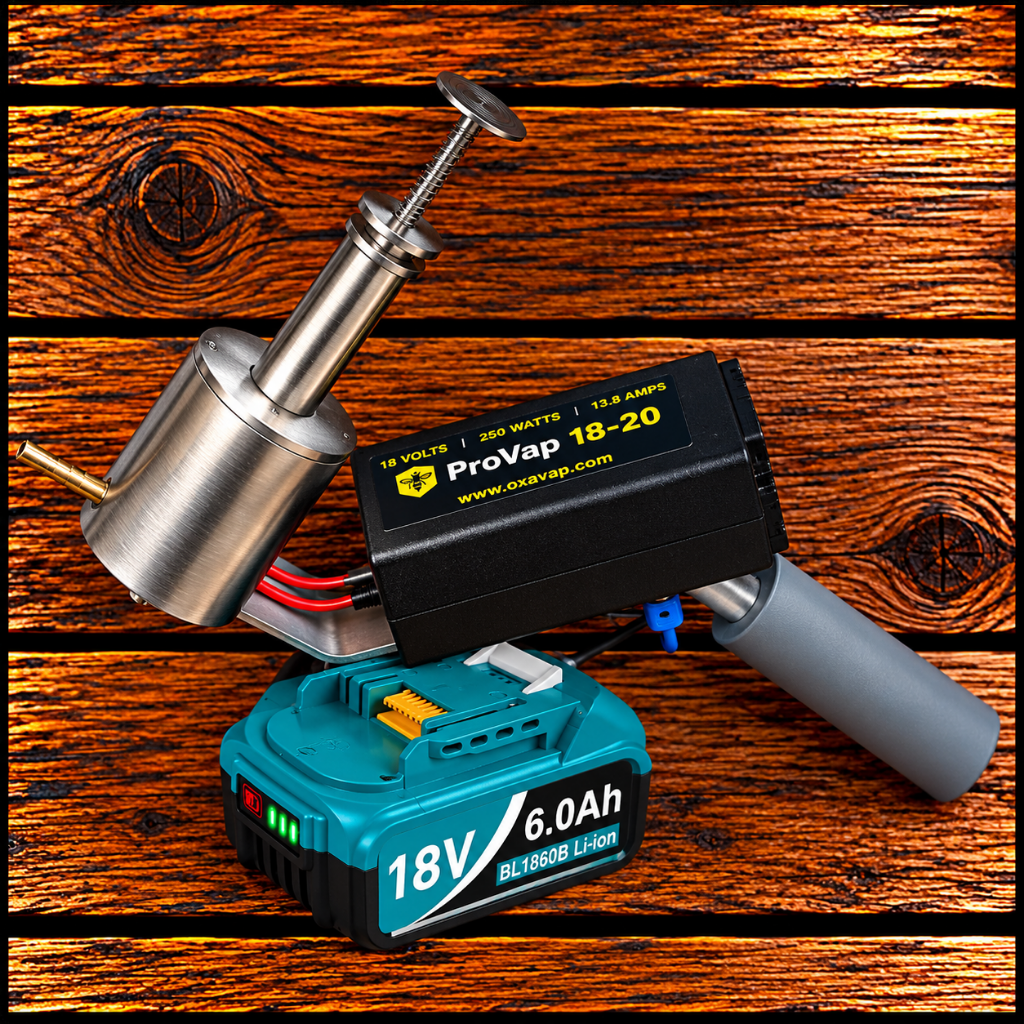 ProVap 18-20 oxalic acid vaporizer with Mikita 18 volt battery connection, shown with stainless steel vaporizing chamber and gray handle