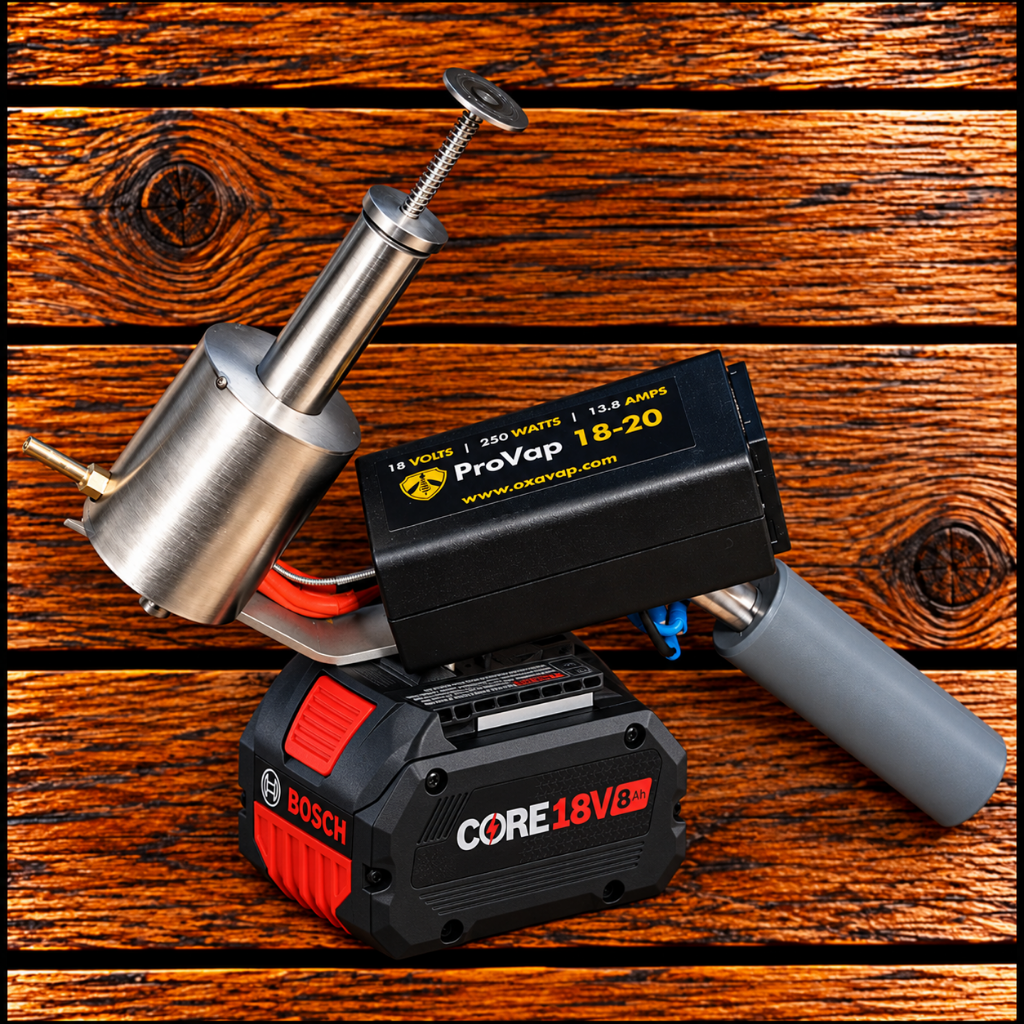 ProVap 18-20 oxalic acid vaporizer with Bosch 18 volt battery connection, shown with stainless steel vaporizing chamber and gray handle
