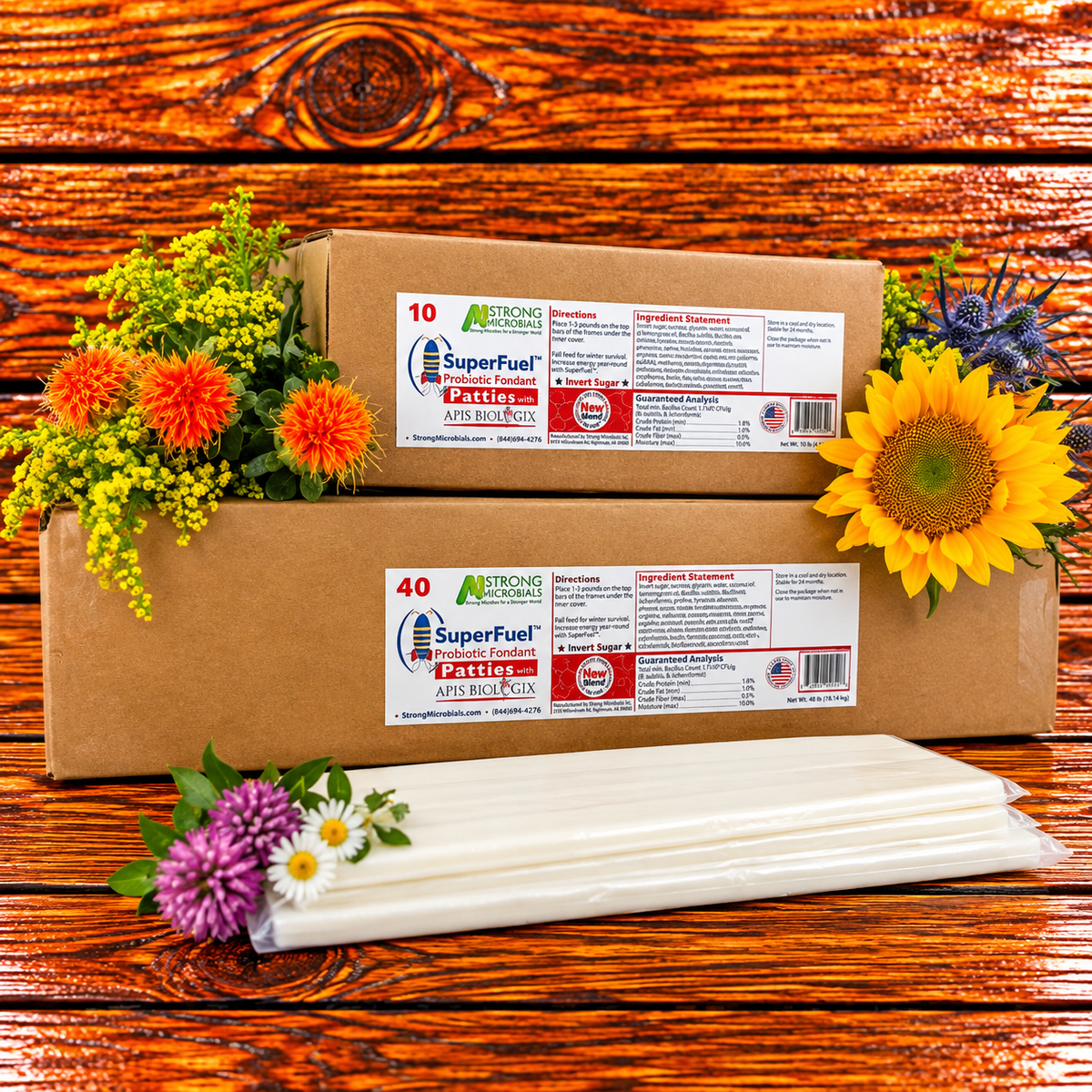 SuperFuel probiotic fondant for honey bees in 10 lb and 40 lb boxes