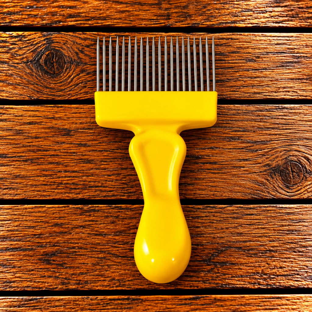 Yellow uncapping scratcher with stainless steel tines for opening capped honeycomb before extraction