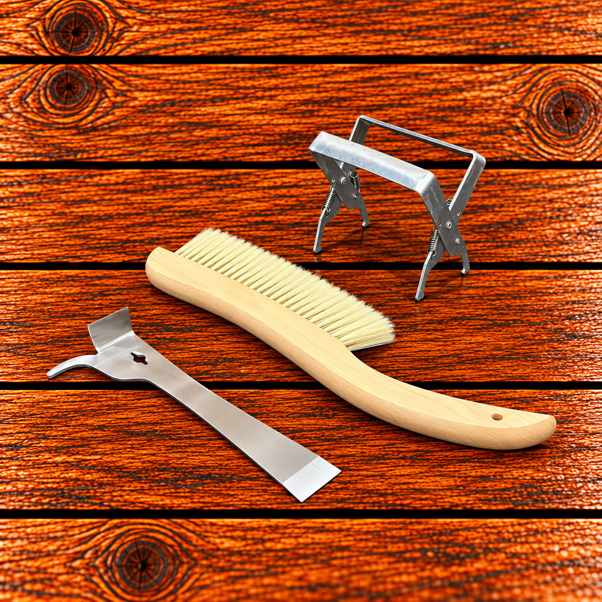 Beekeeping hive inspection kit with bee brush combination hive tool and frame grip