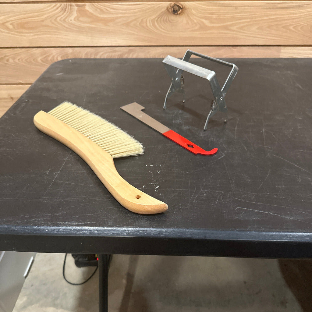 Bee brush, frame grip, j-hook hive tool