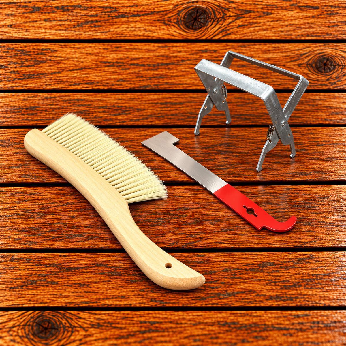 Beekeeping hive inspection kit with bee brush, j-hooked hive tool and frame grip