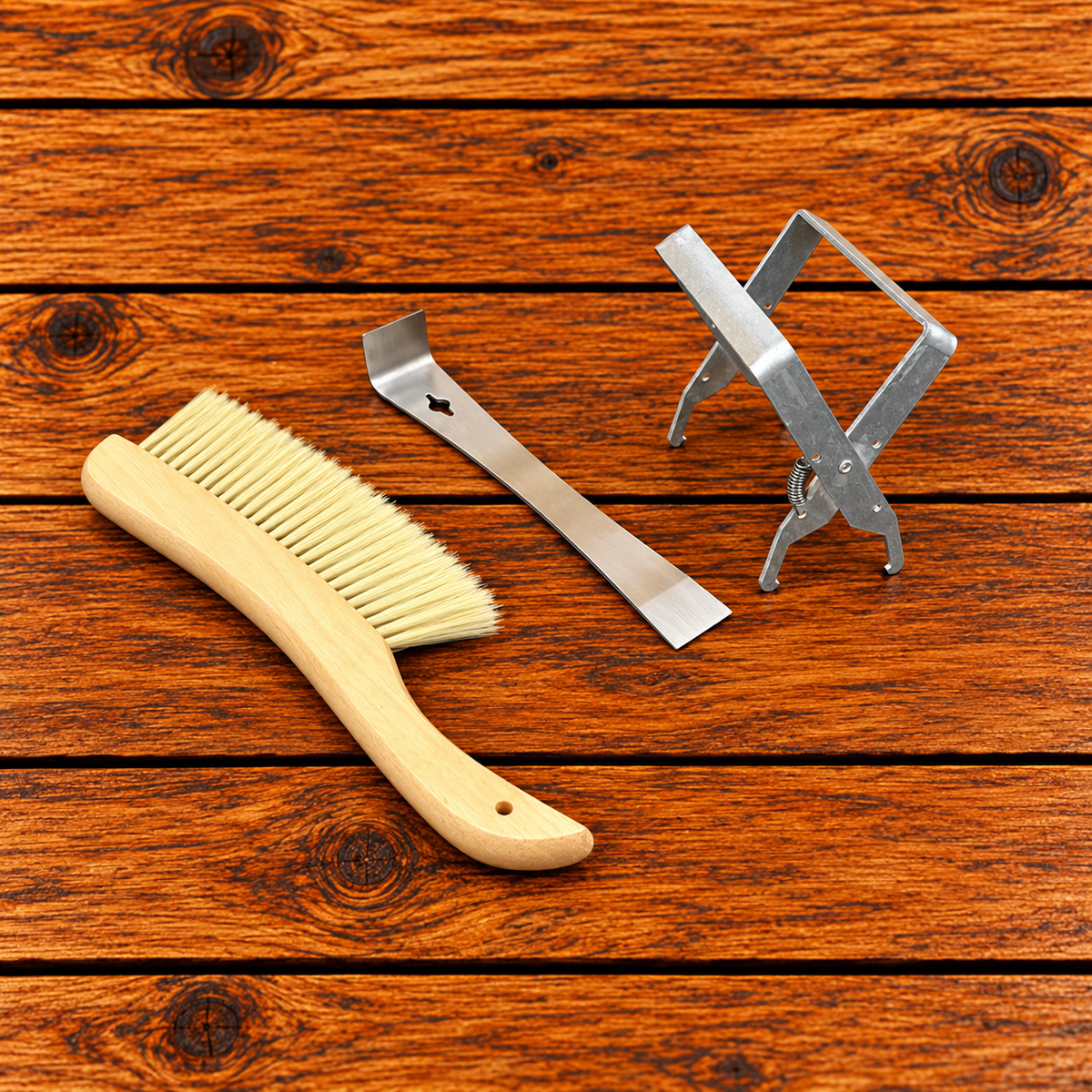 Beekeeping hive inspection kit with bee brush, regular hive tool and frame grip
