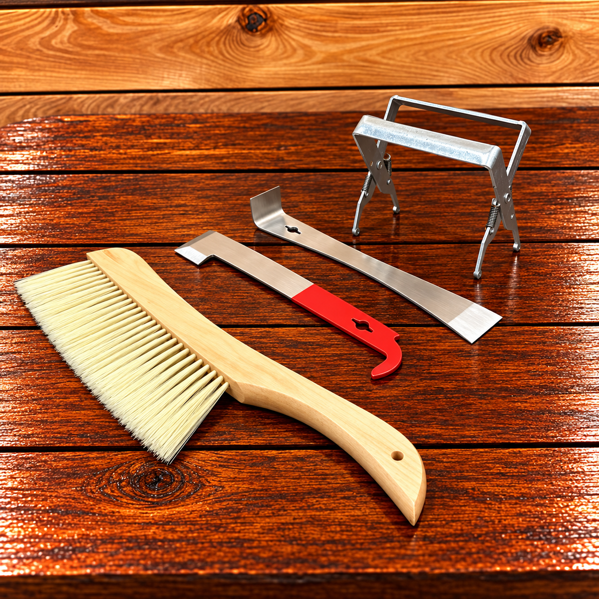 Beekeeping hive inspection kit with bee brush, regular and j-hooked hive tool and frame grip