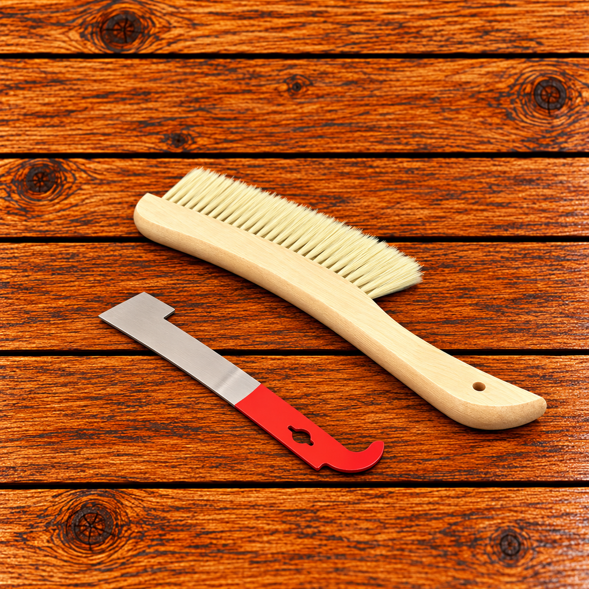 Beekeeping hive inspection kit with bee brush and j-hooked hive tool