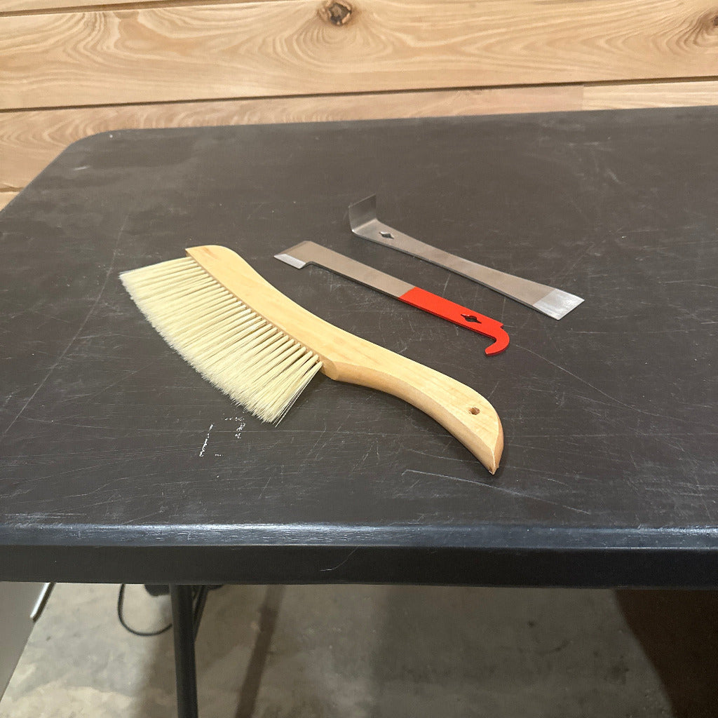 Bee brush, regular and j-hook hive tools