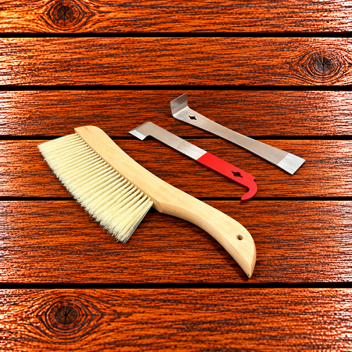 Beekeeping hive inspection kit with bee brush and regular and j-hooked hive tool
