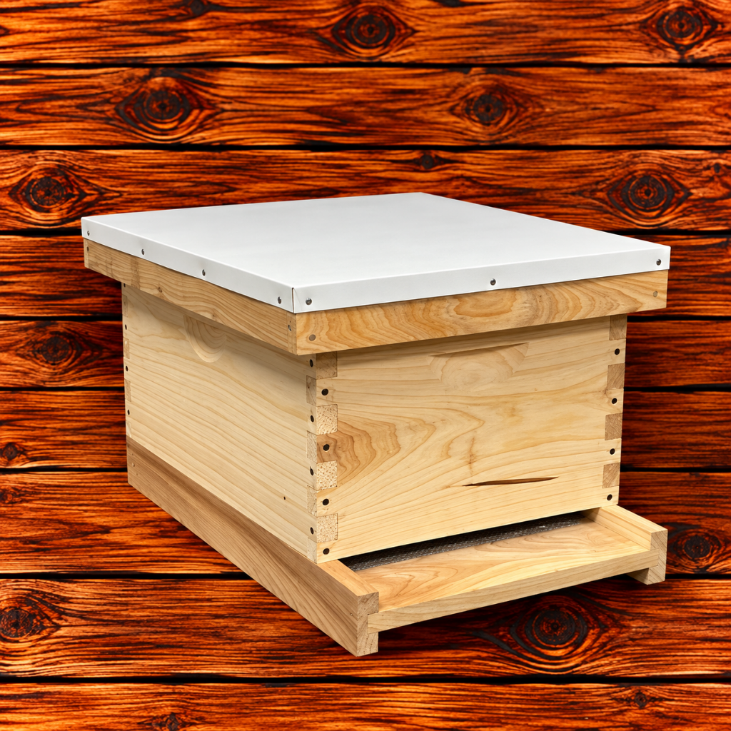Assembled 8-frame cypress beehive kit with one deep super and frames