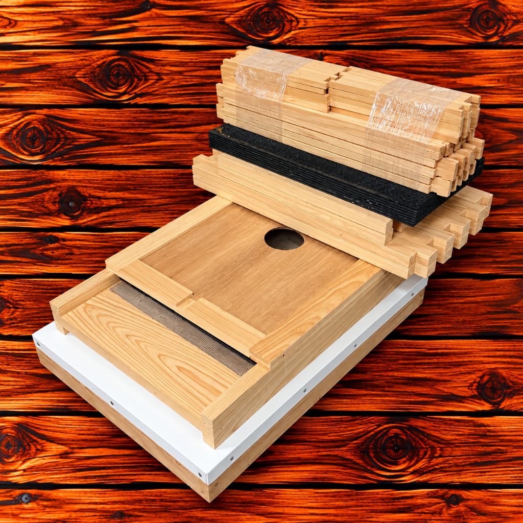 Unassembled 8-frame cypress beehive kit with one deep super and frames