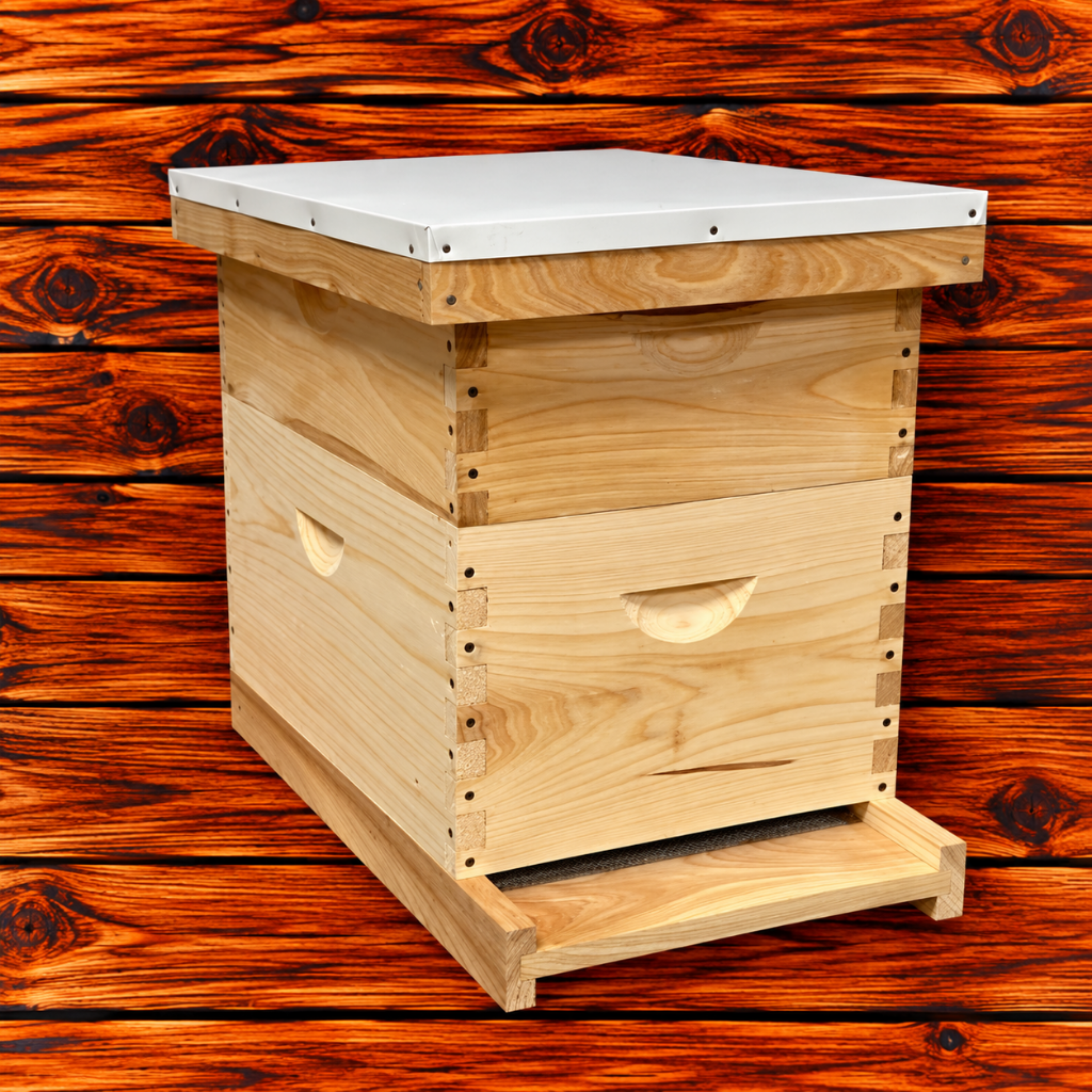 Assembled 8-frame cypress beehive kit with one deep super, one medium super, and frames for both boxes