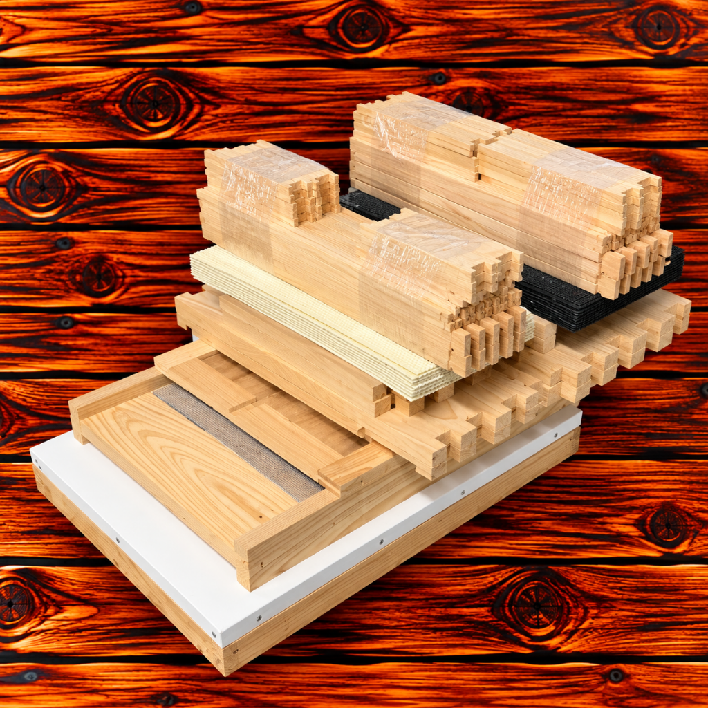 Unassembled 8-frame cypress beehive kit with one deep super, one medium super, and frames for all boxes