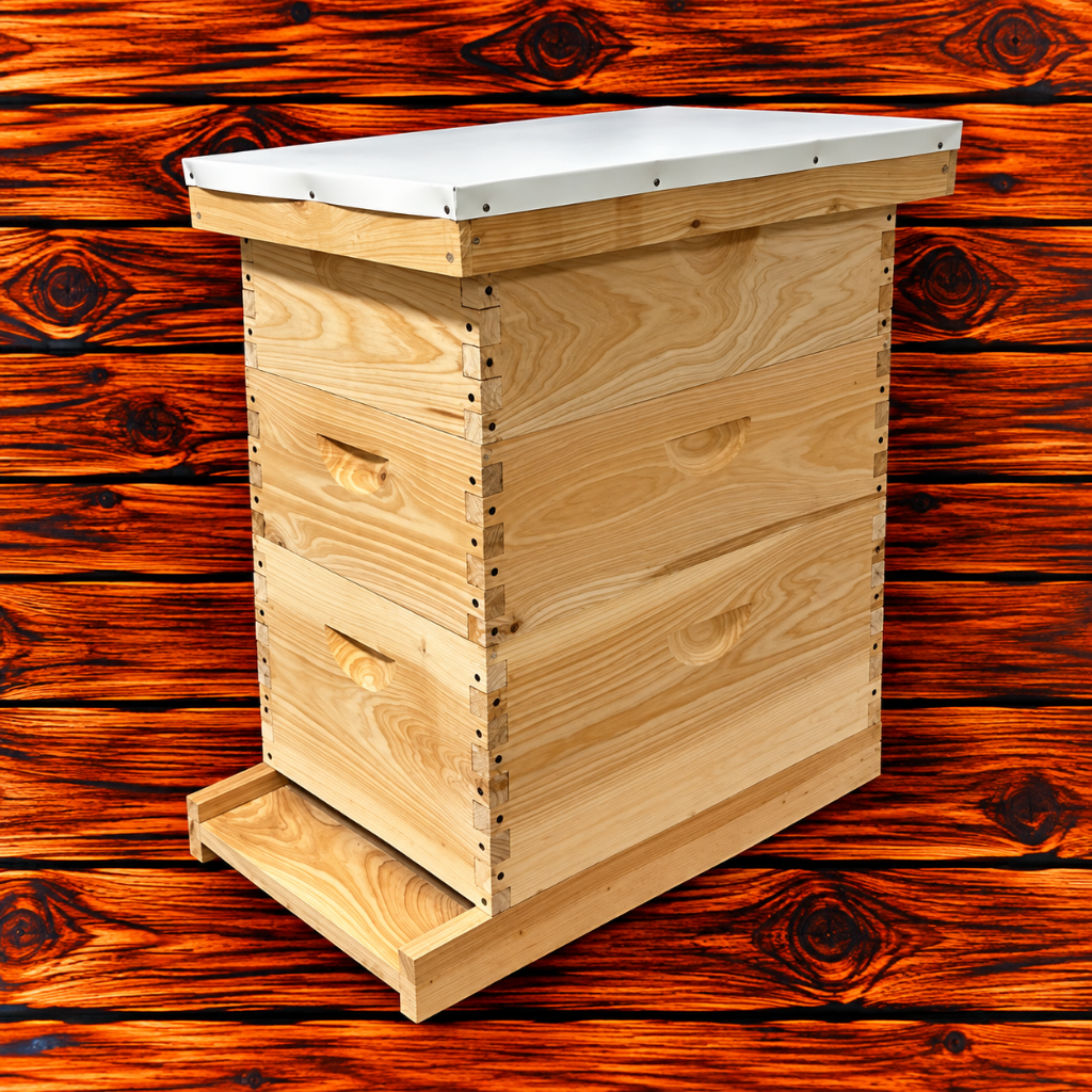Assembled 8-frame cypress beehive kit with one deep supers, two medium supers, and frames for all boxes