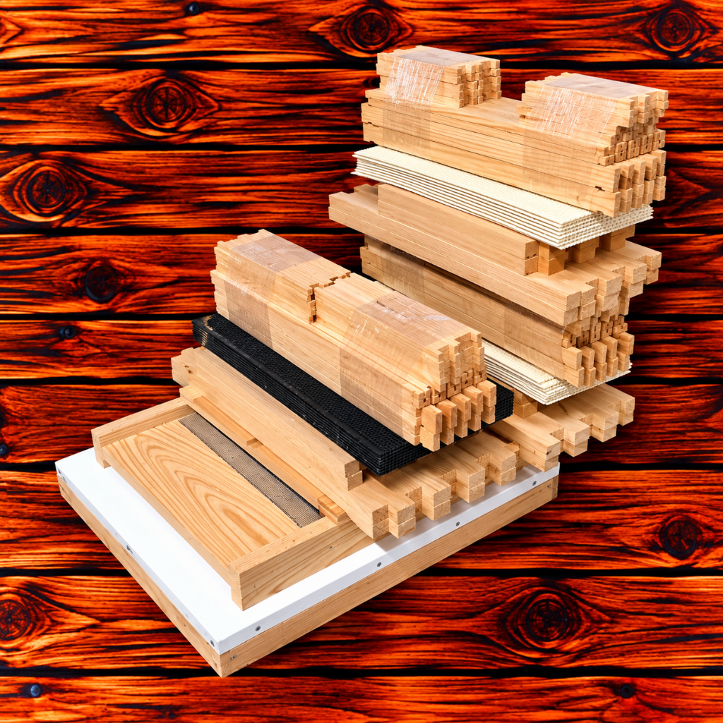 Unassembled 8-frame cypress beehive kit with one deep super, two medium super, and frames for all boxes