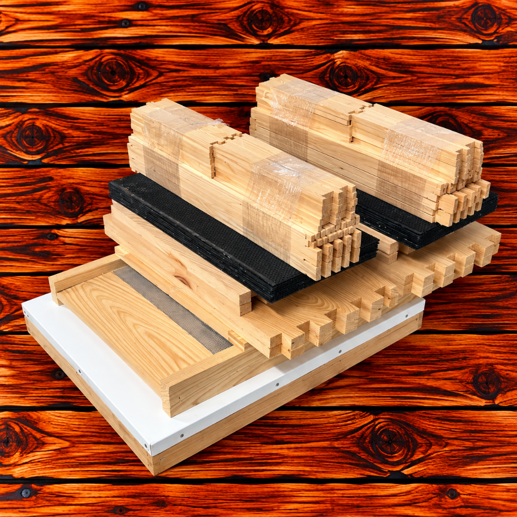 Unassembled 8-frame cypress beehive kit with two deep supers and frames for both boxes