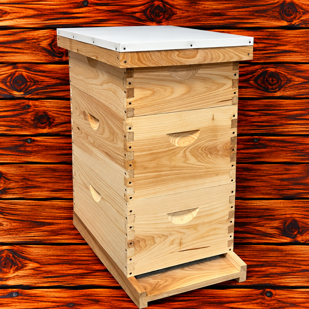 Assembled 8-frame cypress beehive kit with two deep supers, one medium super, and frames for all boxes