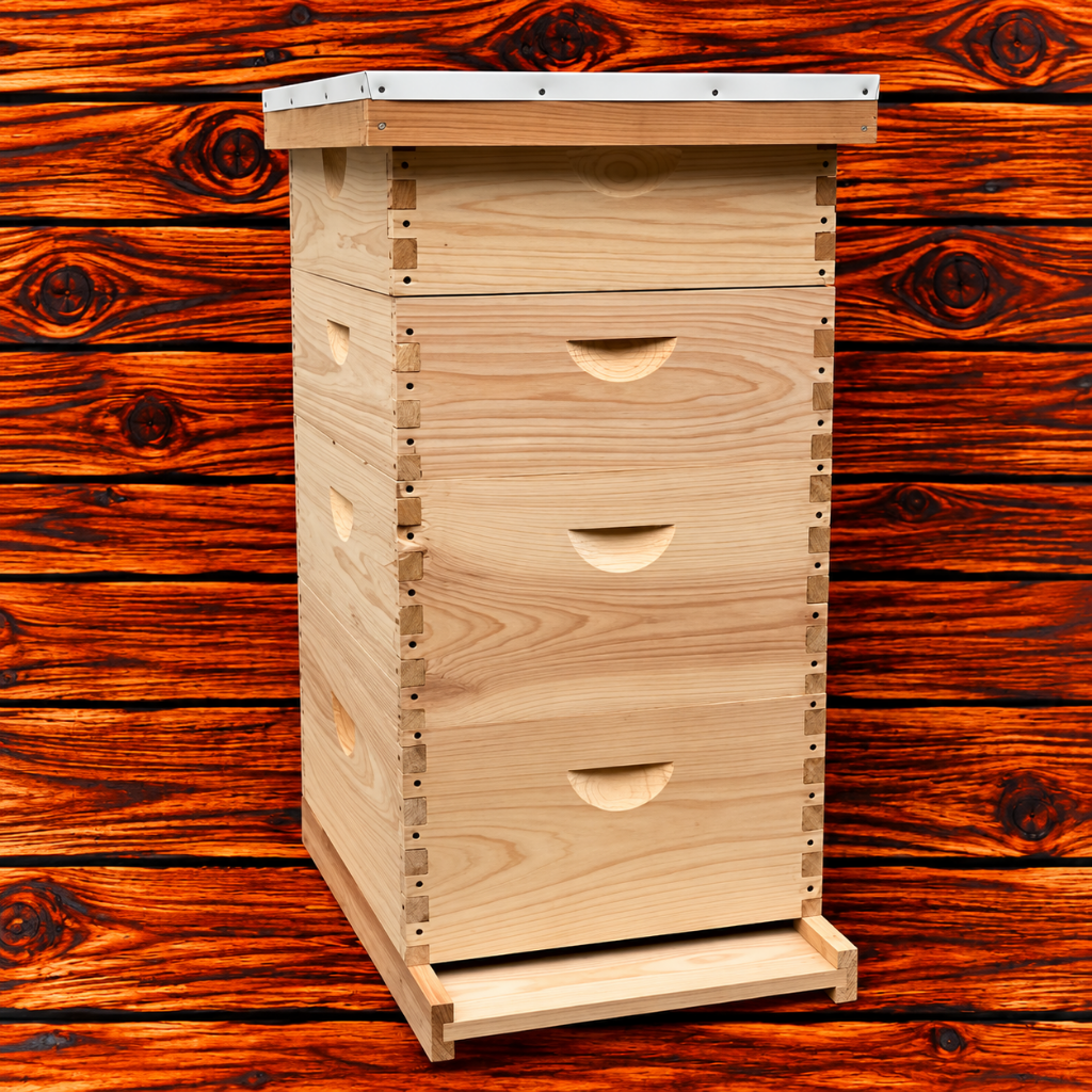Assembled 8-frame cypress beehive kit with two deep supers, two medium supers, and frames for all boxes