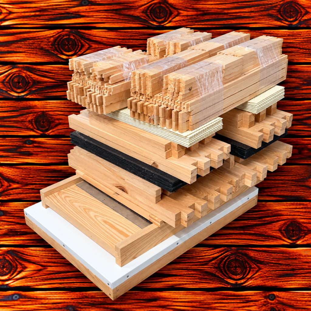 Unassembled 8-frame cypress beehive kit with two deep supers, two medium supers, and frames for all boxes