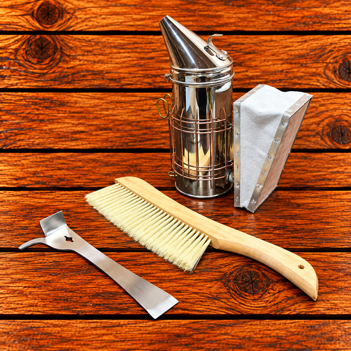 Beekeeping hive inspection kit with smoker, bee brush and combination hive tool