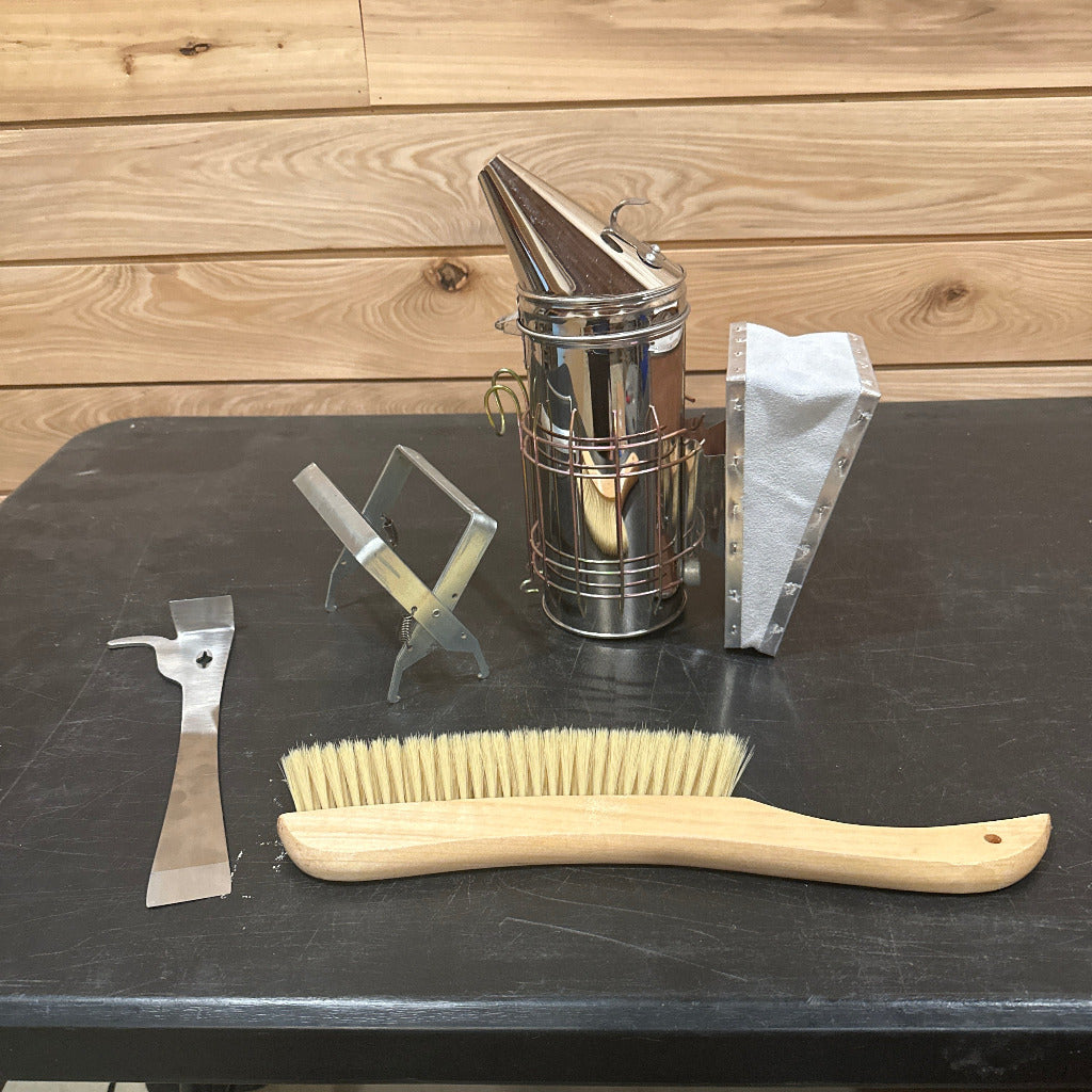 Smoker, bee brush, frame grip, combination hive tool