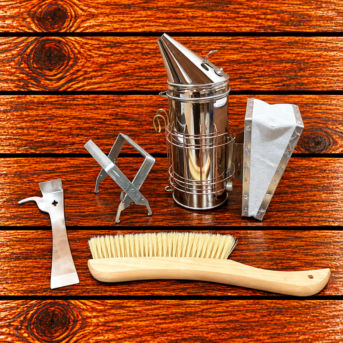 Beekeeping hive inspection kit with smoker, bee brush, combination hive tool and frame grip