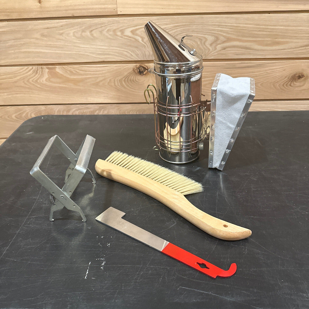 Smoker, bee brush, frame grip, j-hook hive tool