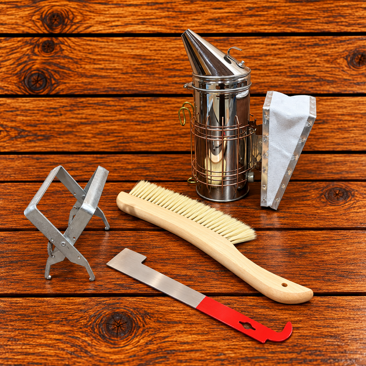 Beekeeping hive inspection kit with smoker, bee brush, j-hooked hive tool and frame grip