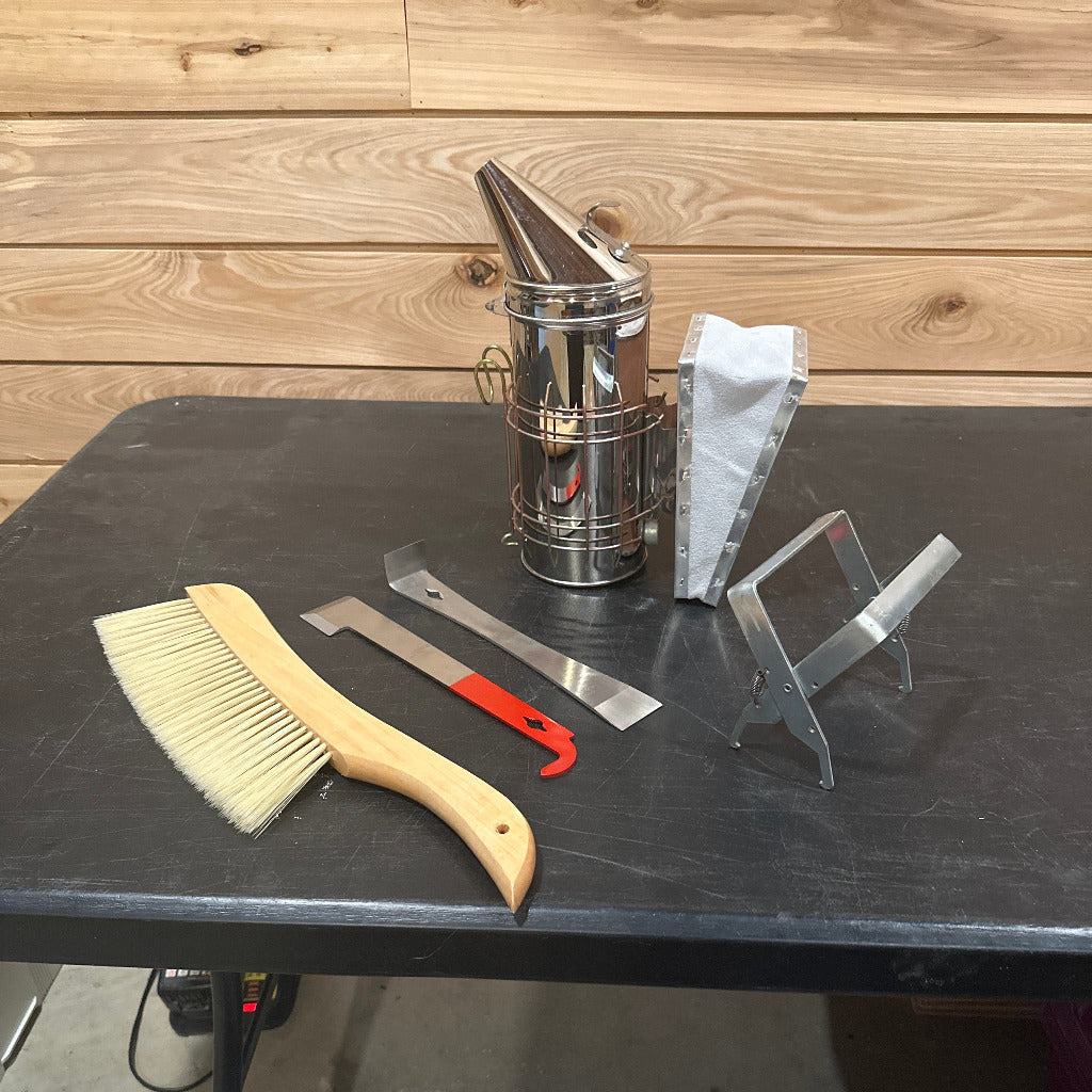 Smoker Bee brush, frame grip, regular and j-hook hive tools