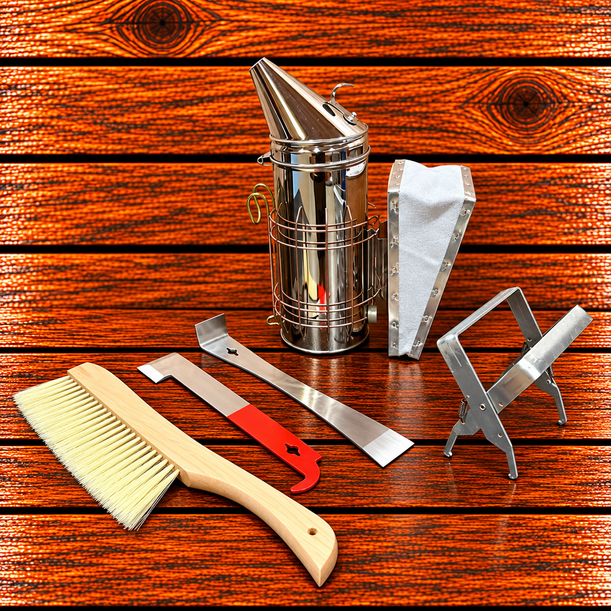 Beekeeping hive inspection kit with smoker, bee brush, regular and j-hooked hive tool and frame grip