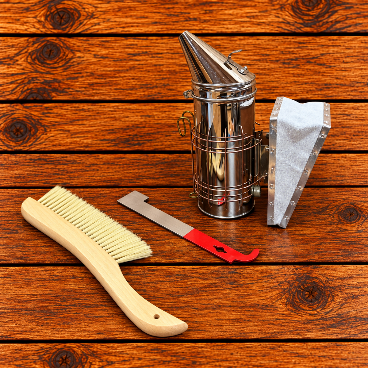 Beekeeping hive inspection kit with smoker, bee brush and J-hook hive tool