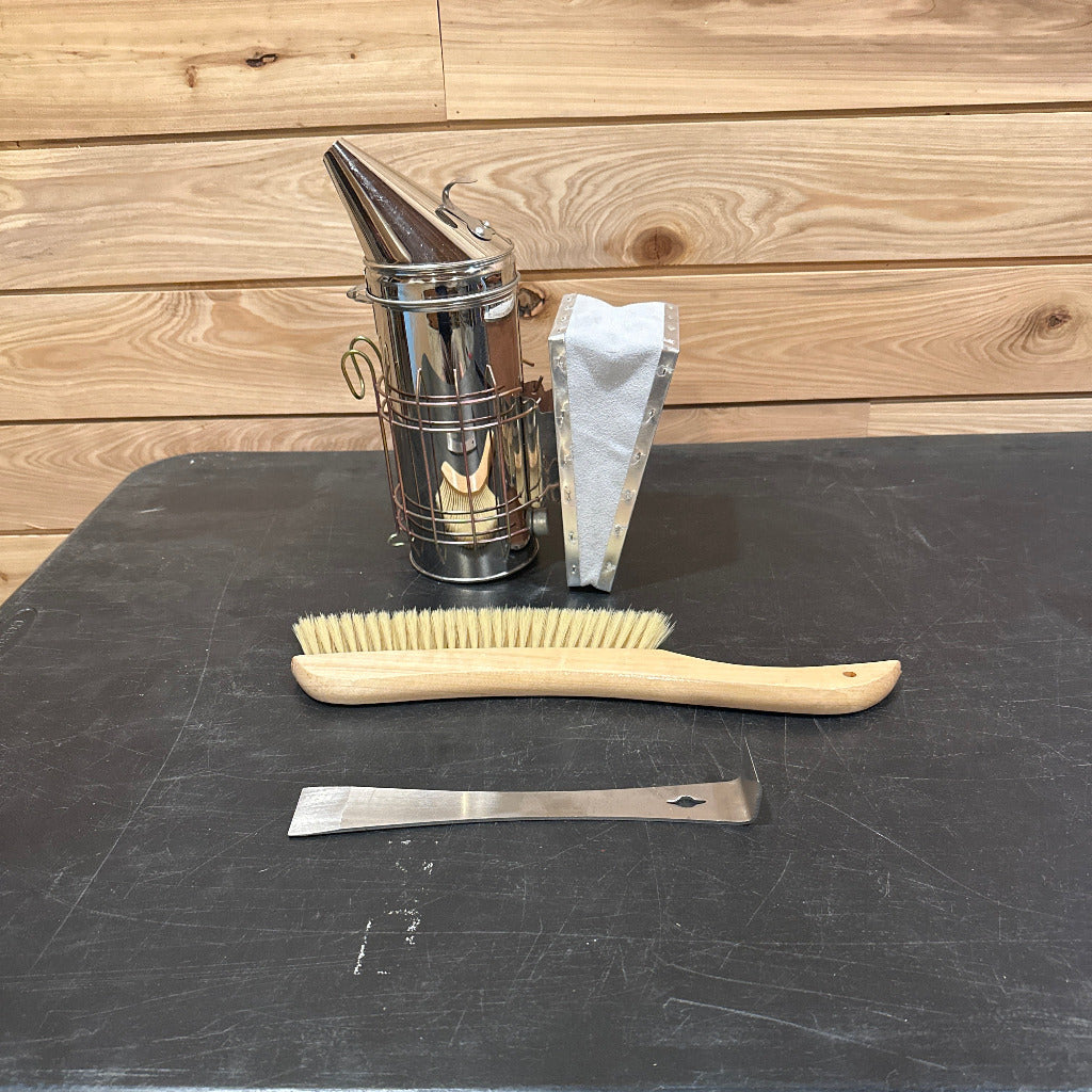 Smoker, bee brush, regular hive tool