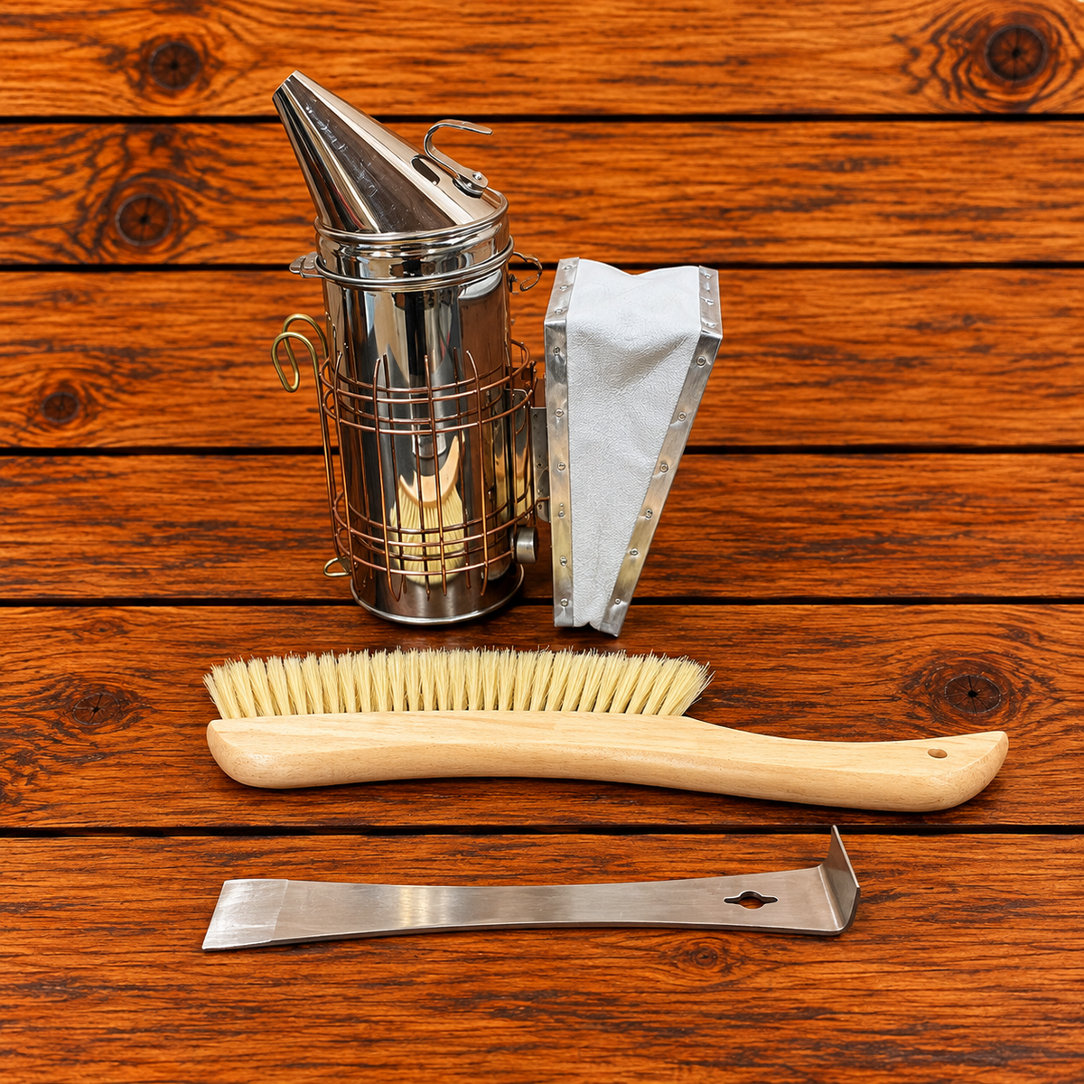 Beekeeping hive inspection kit with smoker, bee brush and regular hive tool