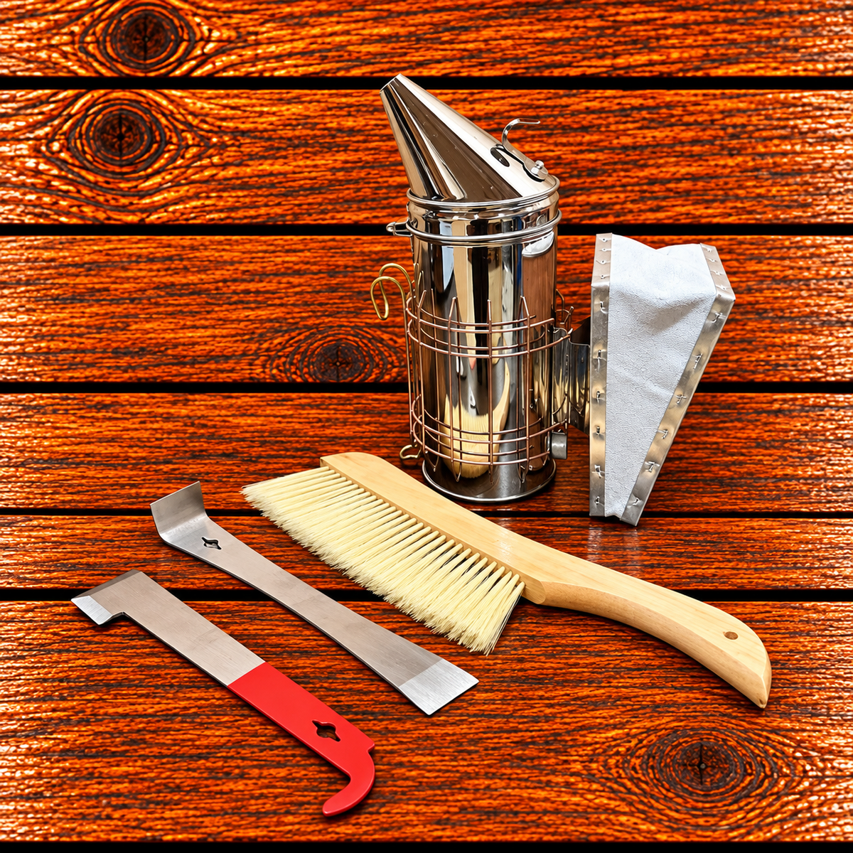 Beekeeping hive inspection kit with smoker, bee brush, and regular and j-hooked hive tool
