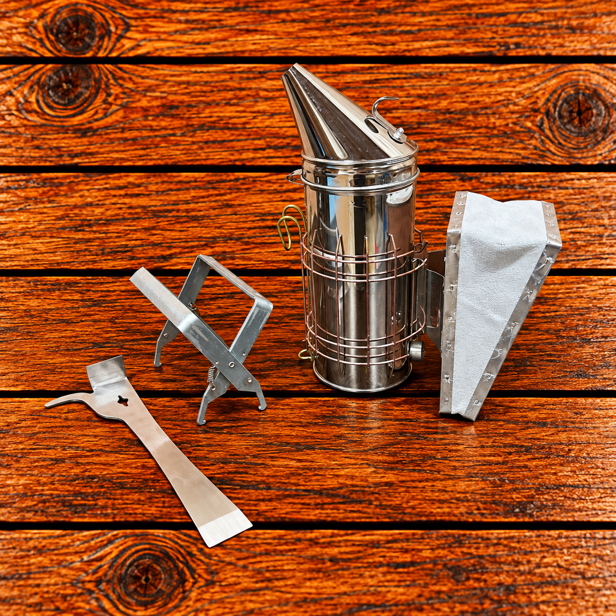 Beekeeping hive inspection kit with smoker, combination hive tool and frame grip