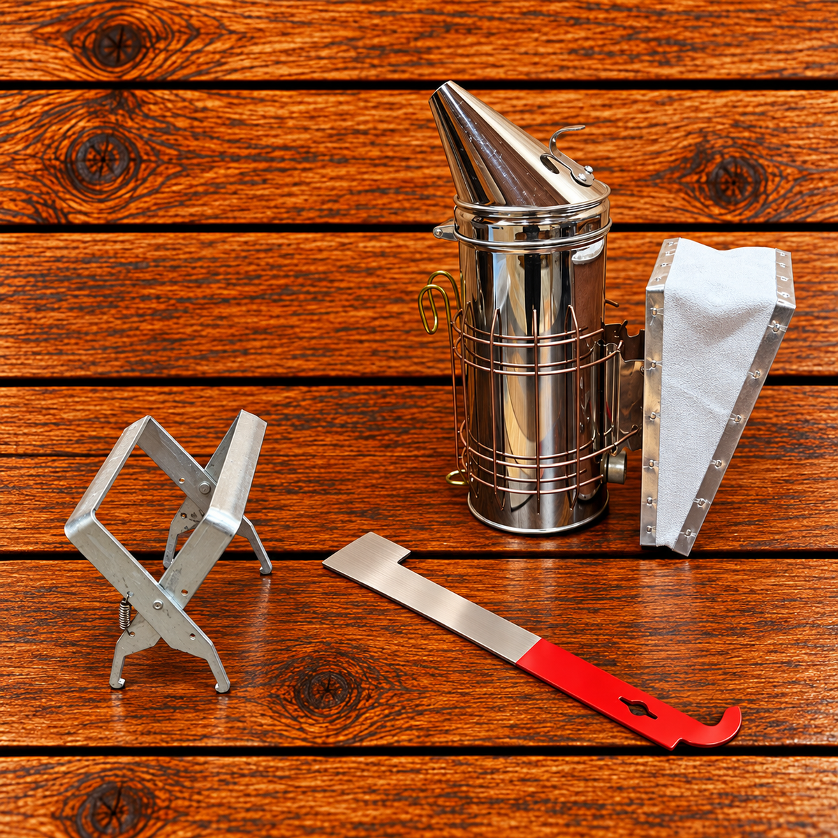 Beekeeping hive inspection kit with smoker, j-hooked hive tool and frame grip