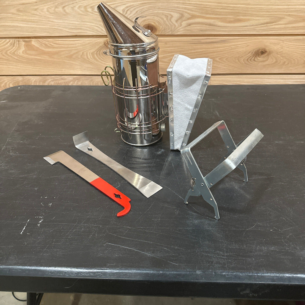 Smoker, frame grip, regular and j-hook hive tools