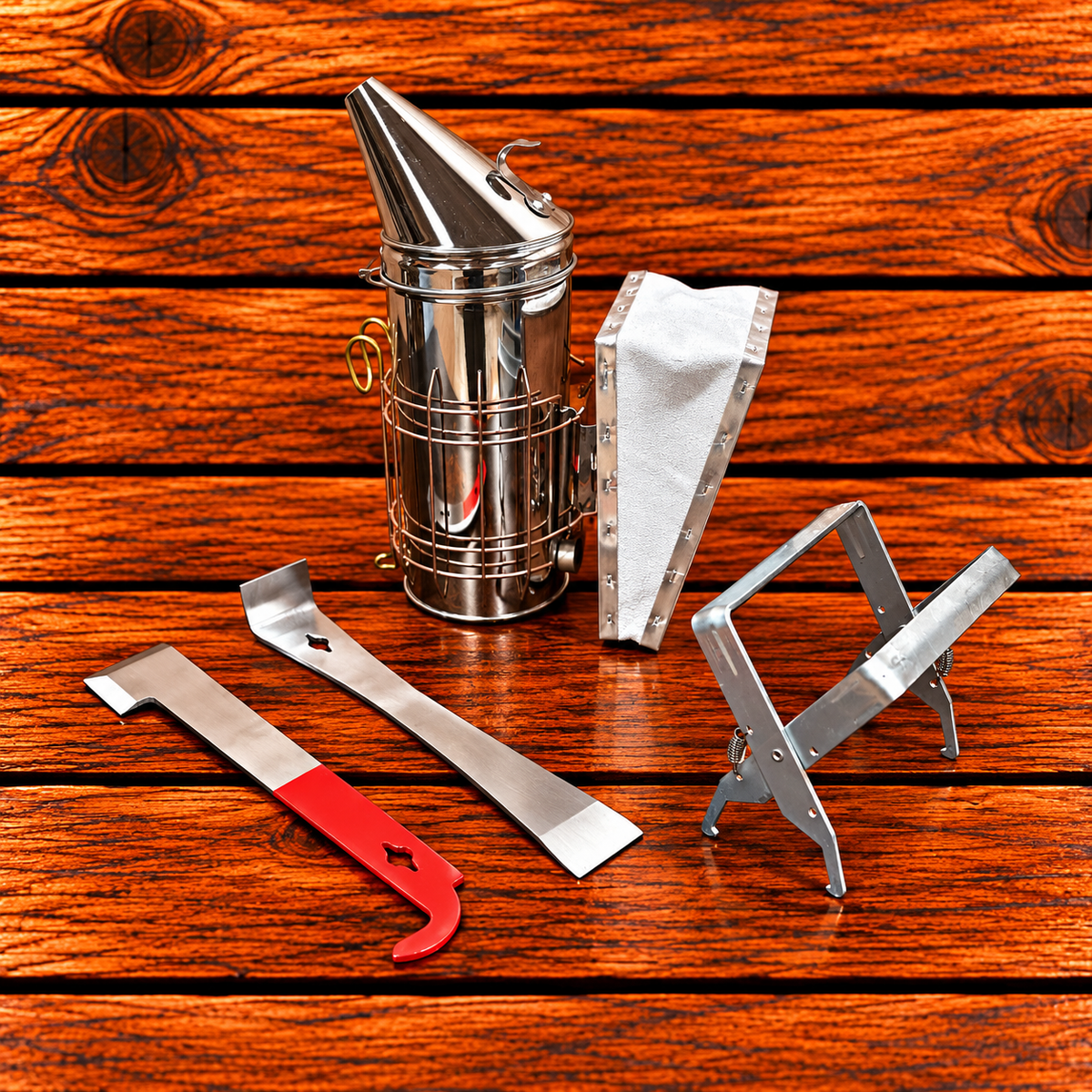 Beekeeping hive inspection kit with smoker, regular and j-hooked hive tool and frame grip