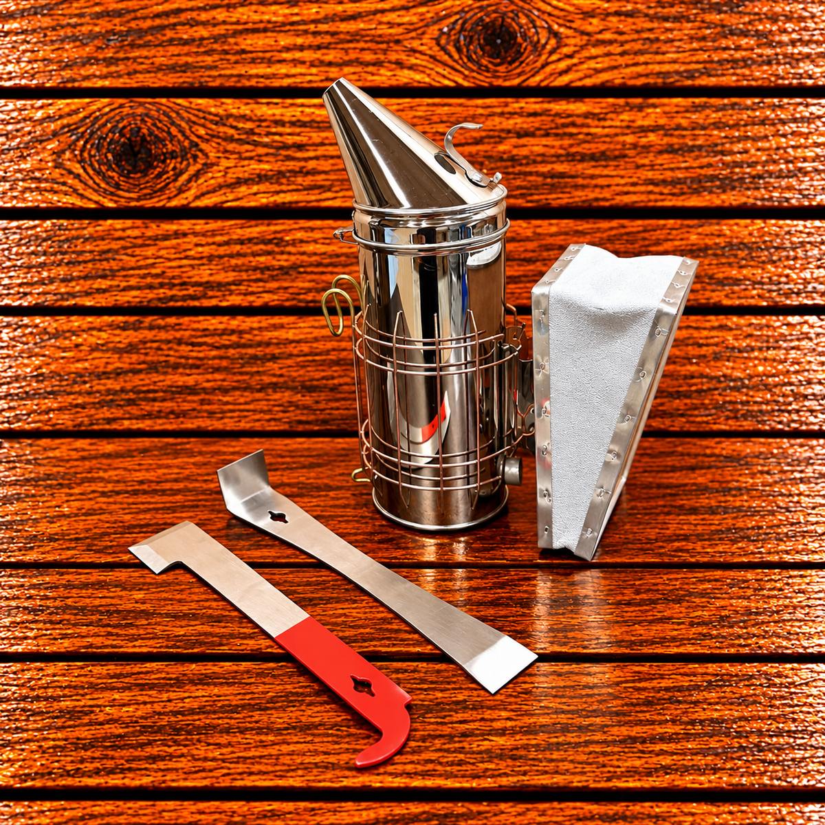 Beekeeping hive inspection kit with smoker and regular and j-hooked hive tool